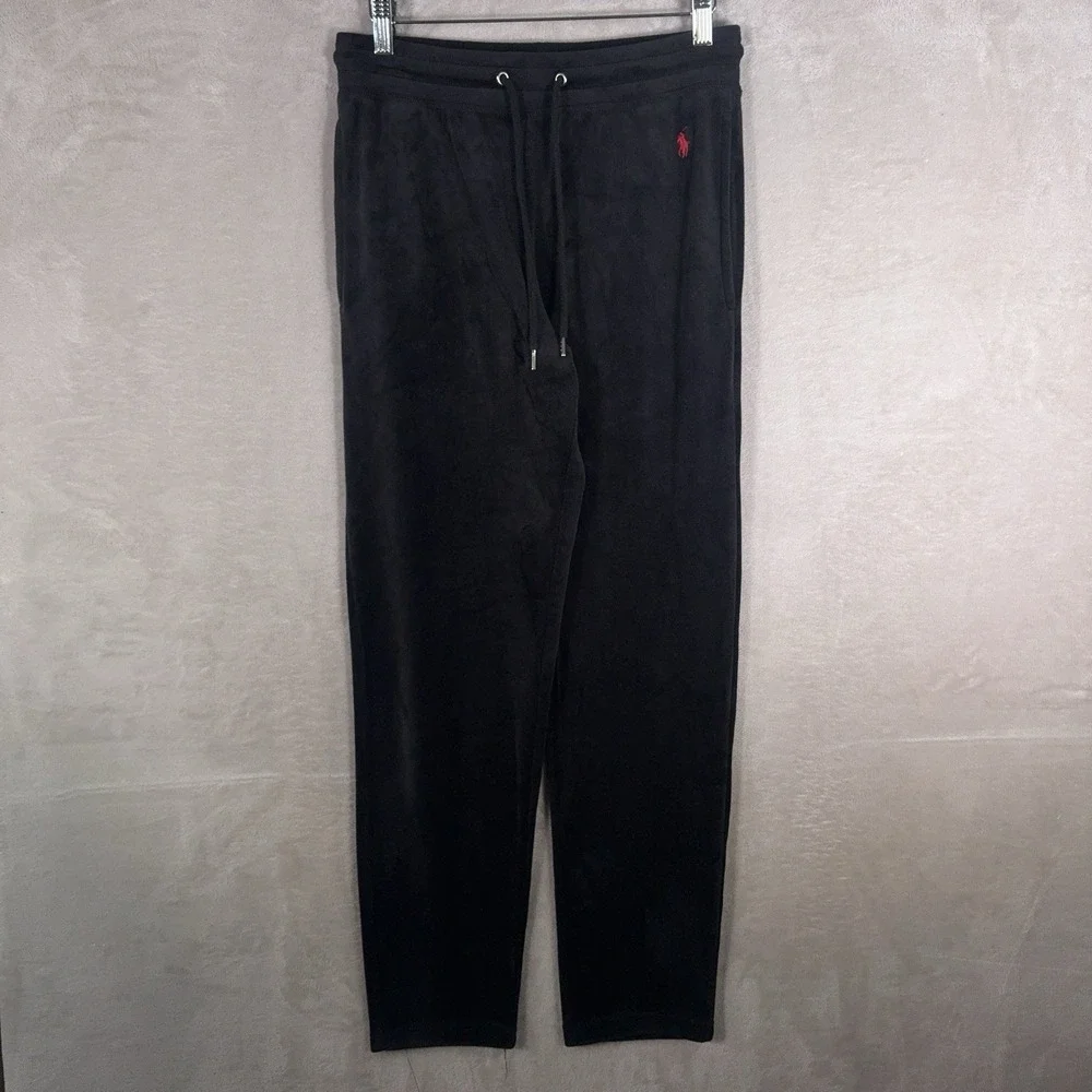 Polo Ralph Lauren Velour Pants Mens Small Black Drawstring Lounge Track Joggers